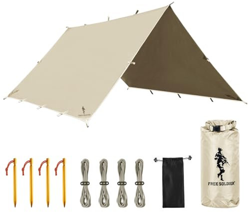 FREE SOLDIER Tarp Wasserdicht 3 * 3m Ultraleicht Zeltplanen UV Schutz Camping Sonnensegel Zelt Freien Große-Tarp für Camping, Wandern, Outdoor-Aktivitäten(Beige)