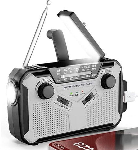 Vtizikl Solar Radio, Wind Up Radio, Emergency Radio with Torch, SOS Alarm, Reading Lamp, 3000mAh Power Bank, Rechargeable AM/FM Radio for Phone Charging, Camping, Outdoor (Grey)