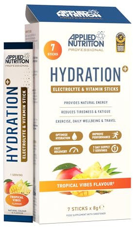 Applied Nutrition Hydration+ Sachets | Electrolyte Powder Mix | Rapid Hydration, Vitamins & Energy | Sugar-Free & Vegan | Tropical Vibes | 7 x 8g Sticks