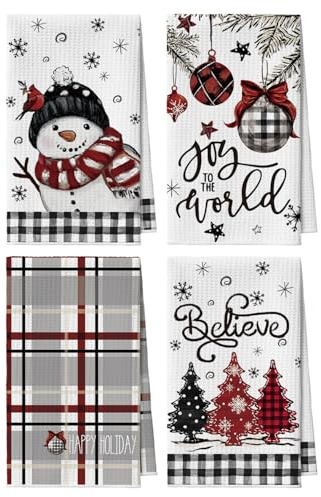 Artoid Mode Juego de 4 paños de cocina con diseño de muñeco de nieve, 42 x 65 cm, microfibra, absorbente, diseño de árbol de Navidad, color negro