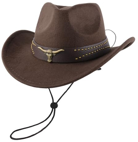 Aulivra Klassischer Westernhut für Damen und Herren – Einfarbiger Cowboyhut mit Stierkopf-Dekor, Vintage Jazzhut für Erwachsene im Cowgirl- und Western-Stil (Braun A)