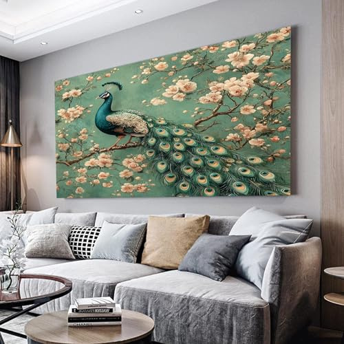MKBKLI Wandbilder Dekoration Wohnzimmer Tier, Pfau, grüne Blumen 70x140cm | Bilder auf Leinwand Leinwandbild Schlafzimmer Küche Deko Wand Kunstdruck Art Groß XXL Wanddeko Bild Wall Decor Canvas
