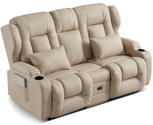 SAMERY Zweisitzer Relaxsessel mit Liegefunktion, 2er-Fernsehsessel Kinosessel 2 Sitzer TV Sessel Heimkino Sitze mit klappbare Mittelkonsole, 4 Getränkehalter (Beige, 172 cm Zweisitzer)