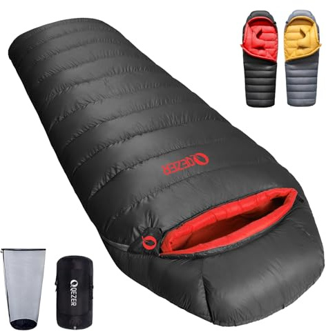 QEZER Sacco a Pelo,Fodera in Grafene Antistatico e Super Caldo, Sacco a Pelo Ultraleggero 660FP, Temperatura Confortevole da -8°C a 16°C, per Trekking Alpino e Campeggio (Nero 1000)