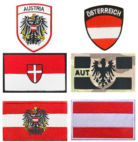 6 Stück Austria Taktische Moral HOOK LOOP Stickerei patch,Österreichischer Schild Taktik Patches für Hüte T-Shirts Kleidung Jeans Hüte Uniform Taschen Rucksäcke Schuhen