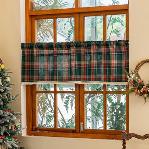 Lsimeru Vintage Bistrogardine Landhaus Karo Grün Kariert Scheibengardinen Landhausstil Blickdicht Küchengardinen Kurzgardinen Kurz Vorhang Küche Kleinfenster,145x45