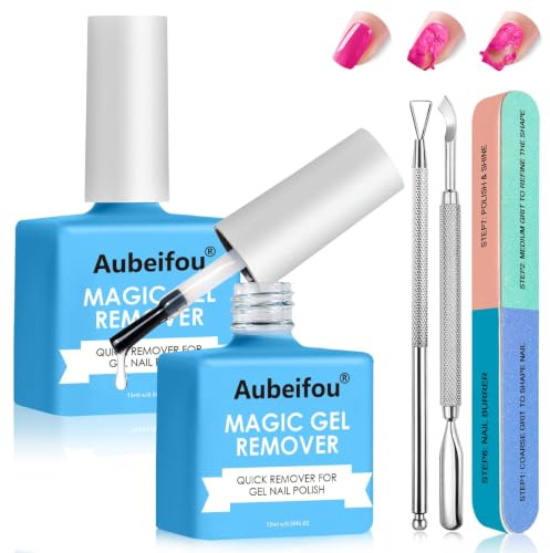2 Pcs Gel Nail Polish Remover,Nail Polish Remover Kit with Buffer solution & Cuticle Pusher,Gentle nailcare, Quickily and Easily Removes nailpolish at Home in 3-5 Minute