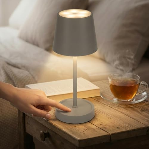 MIJOMA LED Akku-Tischlampe dimmbar mit Touchsensor tragbar & kabellos – moderne LED Nachttischlampe Schreibtischlampe für Wohnzimmer Schlafzimmer – Grau - Kunststoff - 26 cm