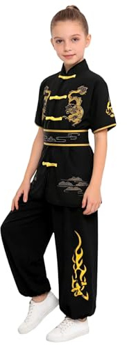 LumiJour Enfant Costume Kung Fu Manches Courtes Fille Garçon Imprimé Traditionnel Chinois Tenue Spectacle Noir 5-6 ans