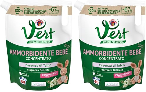 Vert - Ammorbidente Lavatrice Bebè Concentrato - Essenza di Talco, Fragranza di Lunga Durata 100% Origine Naturale, Ipoallergenico, per Pelli Sensibili - Flacone da 1200 ml, 60 Lavaggi