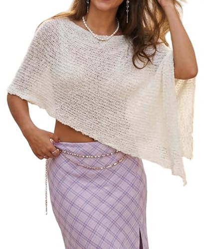 Edhomenn Dam Sheer Poncho-topp sommar strand coverups Y2k virkad sjal jumper asymmetrisk fåll lätt bloero cape topp, B01 Vit, M