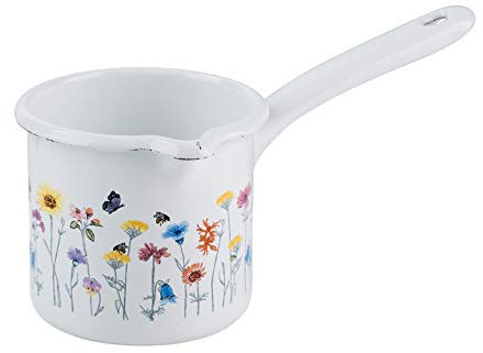 RIESS 0284-070 Schnabeltopf mit Stiel, COUNTRY SONDEREDITION FLORA, Durchmesser 10 cm, Inhalt 0,75 Liter, Emaille, weiß, Induktion, Induktion, Riess Emaille Topf