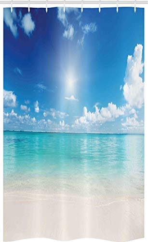 ABAKUHAUS Landschaft Schmaler Duschvorhang, Himmel und tropisches Meer, Badezimmer Deko Set aus Stoff mit Haken, 120 x 180 cm, Creme Türkis Weiß