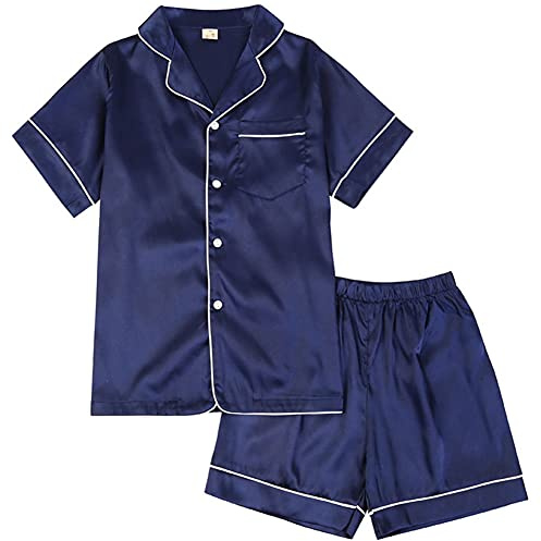 amropi Ensemble Pyjama De Famille Pyjamas en Soie Vêtement de Nuit Ensembles pour Femme Enfant Bleu-2,7-8 Ans