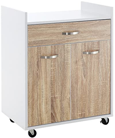 HOMCOM Chariot de Service desserte de Cuisine à roulettes tiroir Placard 2 Portes étagère Panneaux Particules Blanc Aspect chêne Clair