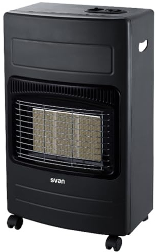 Svan Estufa de Gas, Calefactor de Infrarrojos, 3 Niveles de Funcionamiento, 4200 W. SVCA27CAT. Negro, Elemento Cerámico, Gas Butano Propano LPG, Sensor Antivuelco, Soporte con Ruedas, 25 m2
