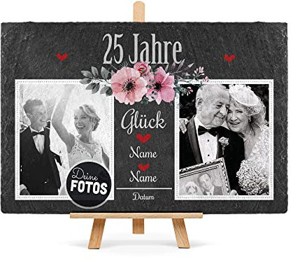 PR Print Royal Schiefertafel selbst gestalten- Fotocollage - 25 Jahre - Personalisiertes Geschenk zur Silberhochzeit mit Zwei Fotos, Namen und Datum - inkl. Holzstaffelei, 20 x 30 cm