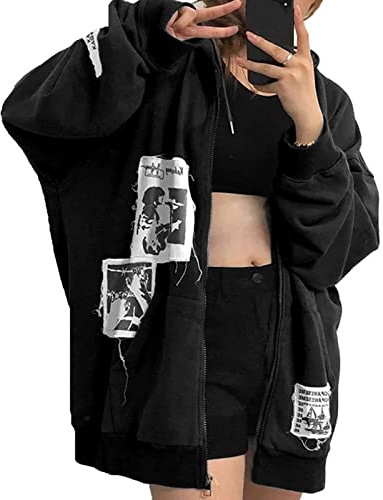 Damen Oversize-Kapuzenjacke mit Reißverschluss, Alt-Emo-Stil, Strass-Applikationen, Y2K-Ästhetik, Skelett-Motiv, Sweatshirt, Grunge, Gothic, Streetwear