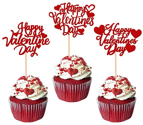 Xsstarmi 30 Pack Happy Valentine's Day Cupcake Toppers Glitter Love Heart Cupcake Picks for Valentine's Day Theme Wedding Engagement Valentine Party Cake Decorations Supplies Red