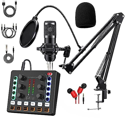Podcast Equipment Bundle, BM-800 Podcast Microphone Bundle-Voice Changer with live Sound Card-Studio Condenser Microphone for Phone, PC, DJ, Perfect for Recording, Singing, Streaming and Gaming