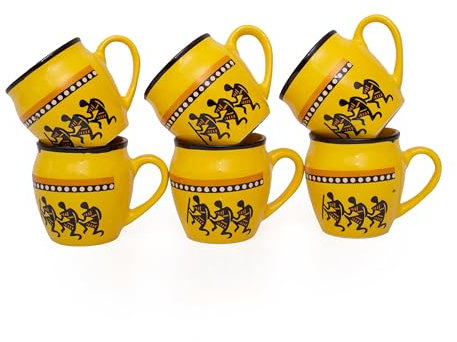 Handmade Traditional Kulhar Kulhad Chai Tea Coffee Mug Cup Cantaritos Set of 6 Glazed Earthenware Glossy Finish Clay Terracotta Artisanal Studio Pottery Mud Brown Food Safe Natural Rustic Eco-Friendly
