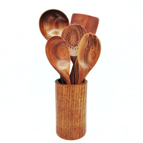Set 6 Utensilios de Cocina Madera de Teca - Cucharón, Espátula, Espumadera y Más - Accesorios Ecológicos y Duraderos, Resistente a Arañazos, Perfectos para Utensilios Antiadherentes
