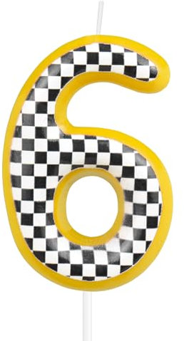 mciskin Racing Cars Birthday Candles, Yellow Cars Number 6 Candles for Cake,Girl Boy 6th Birthday Decorations, Black and White Stripes Racing Theme for Girls Boys Men Birthday Party Supplies