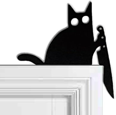 Décoration de porte en forme de chat mignon avec couteau, cadre de porte d'Halloween, cadre de porte en métal, décoration de Noël, décoration murale effrayante (chat avec couteau)