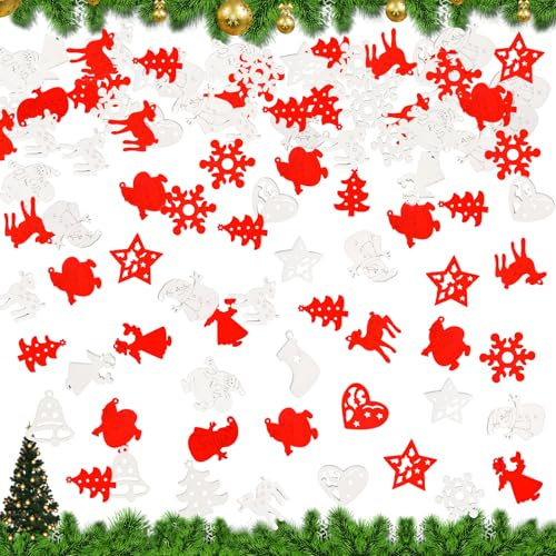 100 Ciondoli Natalizi in Legno, Mini Decorazioni per Albero di Natale, Decorazione da Tavolo Fai da Te (50 Rosso + 50 Bianco)