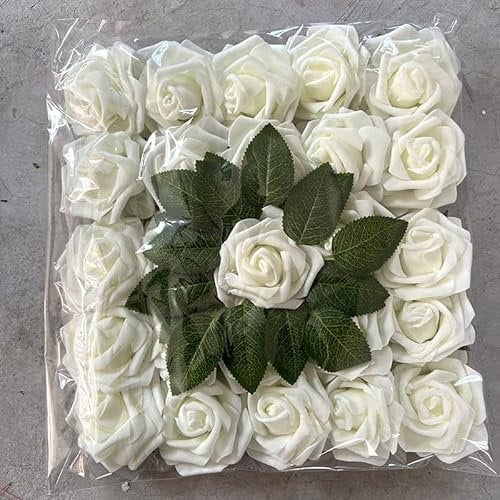 KARLOR Künstliche Blumen Rosen weiß 25 Stück Kunstblumen Rosenköpfe elegant Fake Rosen Seideblumen Blumenarrangements Hochzeitsdeko Geburtstagsdeko Party Blumen Deko (Milkweiß)