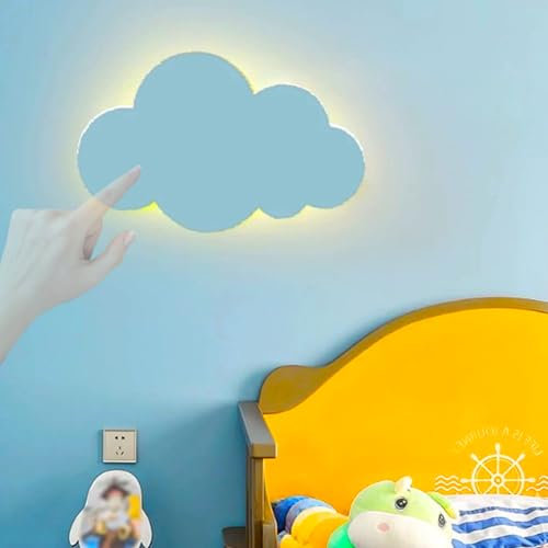GZZBMY Kinderzimmer LED Wandleuchte mit Touch Schalter Wandlampe Innen Cartoon Wolken Wandbeleuchtung mit Schalter und Stecker Nacht Licht Mädchen Nachttischlampe 12W Babyzimmer (Blau,Warmes Licht)