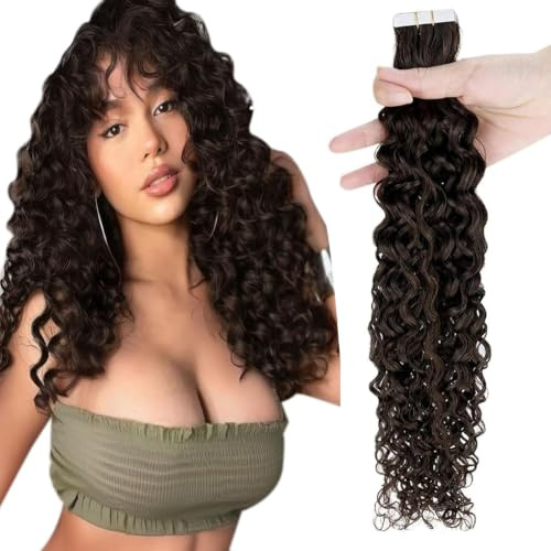 RUNATURE Invisible Tape Extensions Echthaar Braun Locken 45cm 20pcs 50g | #2-NW Unsichtbare Remy Locken-Tapes – Hitzebeständig, Wiederverwendbar. Dunkelbraune Lockenpracht, Kein Verknoten