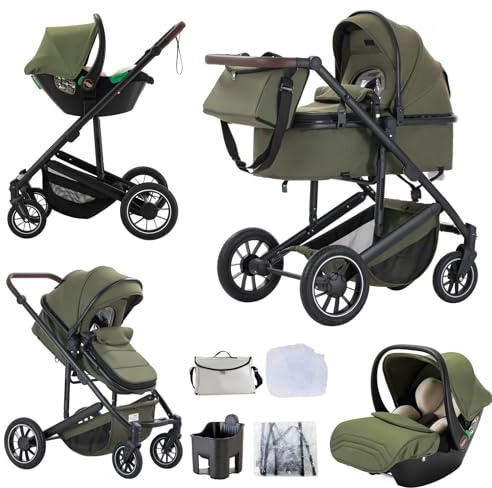 Lnhcrbs Kinderwagen 3 in 1,Grün- Baby Born Kinderwagen Und Autositz Set