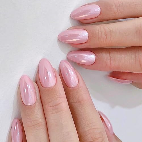 Pink Chrome Press On Nails - 24pcs Aurora Almond False Nails Short Medium - Natural Elegant Glitter Shine Fake Nails With Glue - Removable Stick On nails For Women Girls Nail Art Daily & Party Wear