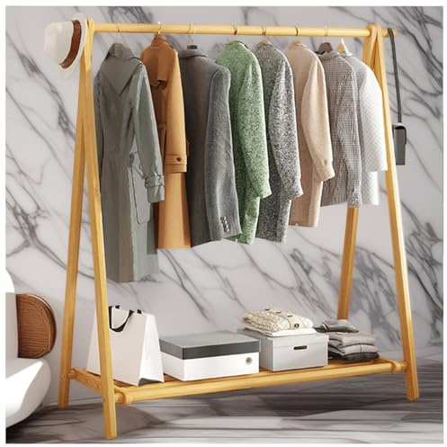 BEARQUN kleiderständer Holz Garderobe, Faltbare Vintage Garderobenständer Holz, Stand Kleiderständer mit ablage und 2 Haken, kleiderstange freistehend, Natürliche Buche, Hoch : 150CM