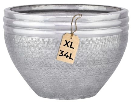 Macetero Marrakech XXL de aluminio, diámetro de 38 cm, color plateado mate, 34 l, grande, redonda, para exterior e interior, para jardín, balcón y salón