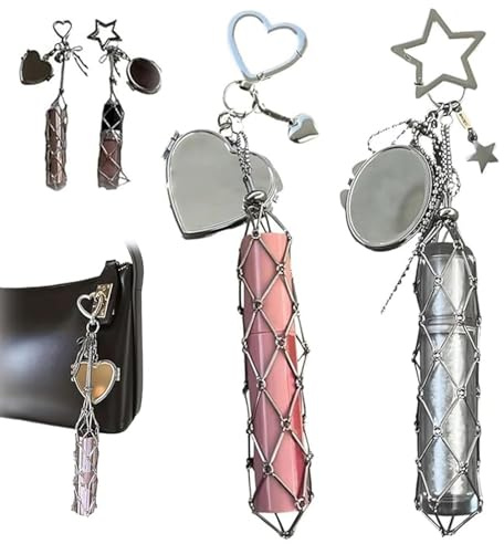 Generisch Lipstick Holder Stainless Keychain, Lip Balm Holder with Mirror & Charm, Portable Lipstick Holder Keychain for Travel & Daily Use