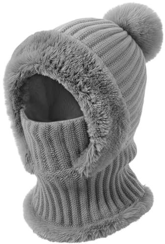 DRESHOW Cagoule Tricotée Femme Cagoule Bonnet Femme Hiver avec Cache-Cou Bonnet Coupe-Vent avec Pompon pour Les Activités de Plein Air par Temps Froid en Hiver