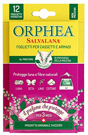 Orphea Salvalana Foglietti per Cassetti E Armadi, Protegge Lana E Vestiti Tutta La Stagione, Profumo di Patchouli della Malesia, 12 Foglietti Emanatori