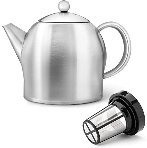 Bredemeijer Teekanne Set 1.4 Liter - Edelstahl matt doppelwandig - Großer Teebereiter mit Tee-Filter-Sieb-Aufsatz für losen Tee
