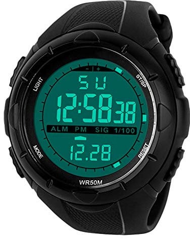 BHGWR - Orologio sportivo digitale da uomo – impermeabile 5 ATM – stile militare – orologio con allarme/timer, indicatore di segnale orario (GIS), display a LED, quadrante grande, nero, nero, standard