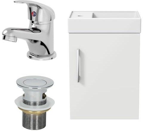 AURORA® 400mm Bathroom Vanity Unit Ceramic Wash Sink Wall Hung Storage Cabinet Reversible Soft Close Cupboard & Essentials Basin Mixer Tap & Waste Set, White Gloss