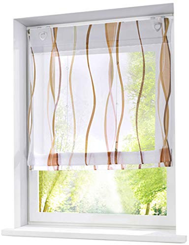 Voile Raffrollo mit Wellen Druck Design Rollos Schlaufen Transparent Vorhang (BxH 120x140cm, Sand mit U-Haken)