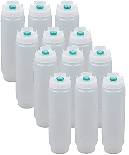 FIFO Quetschflasche, nachfüllbar, 473 ml, grüne Spitze, kleines Ventilspender für dünne Gewürze, Saucen, Teig und Dressing, selbstdichtend, kein Tropfen, kein Ärger, 12 Stück