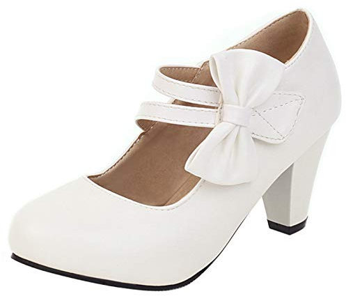 MJIASIAWA Mujer Correa De Tobillo Fiesta Lazos Tacón Alto Mary Jane Pump Clásica Tacón Ancho Fiesta Bridal Closed Toe Zapatos Blanco Talla 44 EU/46 Asiática