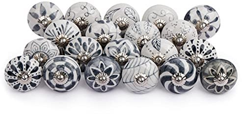 Shah Crafts. Ceramic Door Knobs Grey and White Set of 10 Premium Quality Assorted Designs Handmade for Interior Furniture, Cabinet Cupboard Wardrobe Drawers Pulls Handles