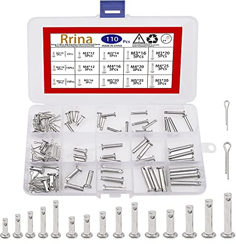 Rrina Juego de 110 pasadores de horquilla de cabeza plana de acero inoxidable 304 pines Cotter Pin Clip Key Surtido de bisagras de enlace en forma de T M3 M4 M5 varios tamaños