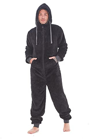 Keanu Mens Thick Snuggle Hooded Onesie - Warm Fleece Onesie with Zip Contrast Trim - Black. Navy, Charcoal - S M L XL