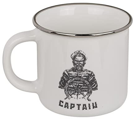 ReWu Maritimer Kaffeebecher mit Henkel Steingut in Emailie Optik mit Seemann Captain Aufdruck in Shabby chic Vintage Stil