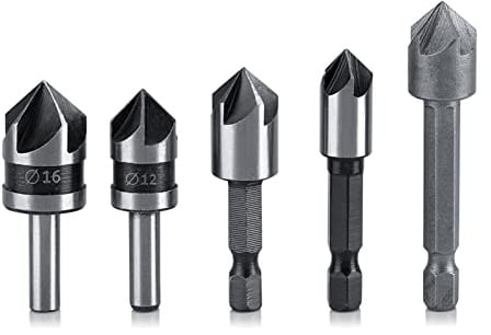 Hochgeschwindigkeitsstahl-Senker-Bohrer,Senker-Bohrer-Set, 5 Stück, 5 Flöten, 6 mm Sechskantschaft-Senker-Bits für Holz und Metall in den Größen 1/4 Zoll, 3/8 Zoll, 1/2 Zoll, 5/8 Zoll, 3/4 Zoll S